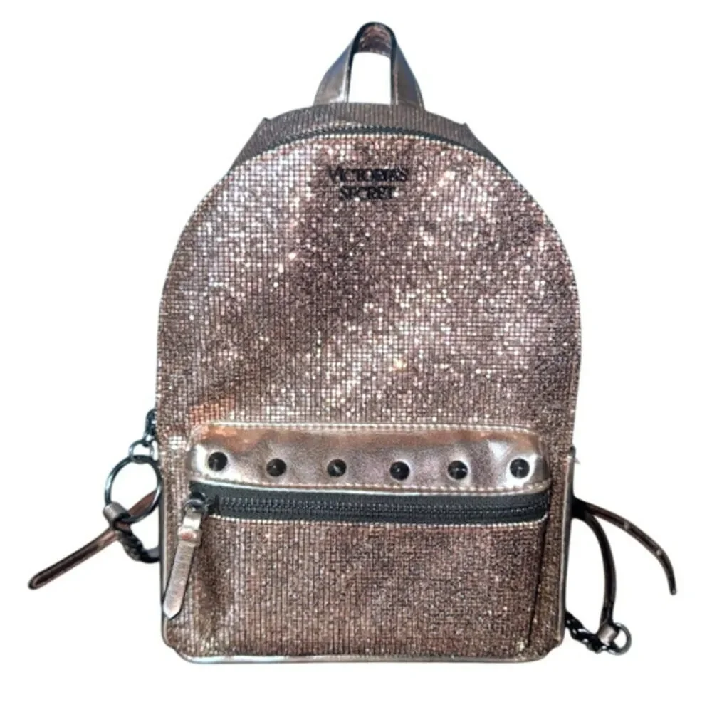 Victoria's Secret Metallic Bling Chain Mini Backpack Sexy Rose Gold Stud Bag